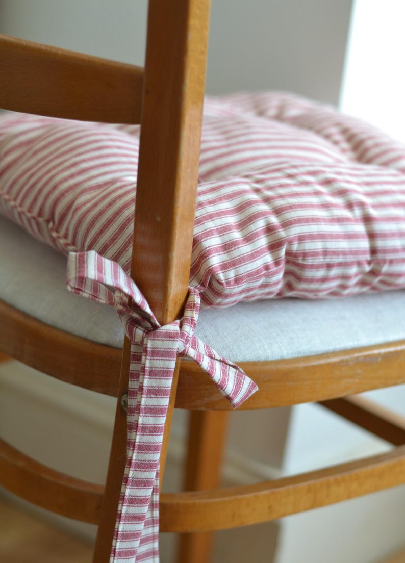 French country ticking stripe seat pad cushion: cottage farmhouse tufted bench cushion chair pillow