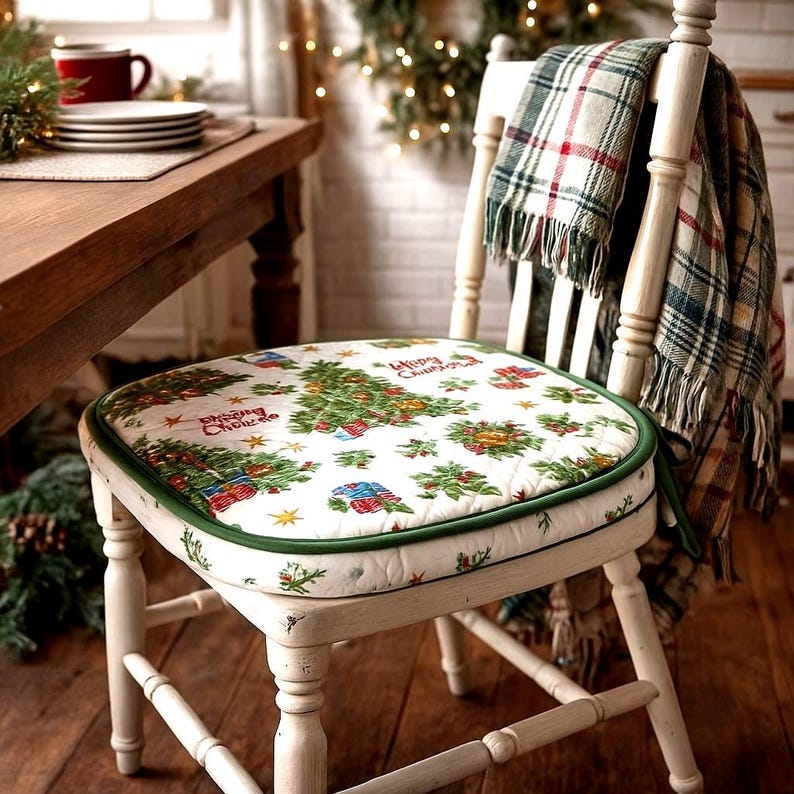 Vintage Christmas Tree Seat Cushion, Holiday Chair Pad with Ties, Festive Retro Padded Kitchen Deco