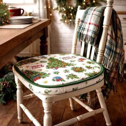Vintage Christmas Tree Seat Cushion, Holiday Chair Pad with Ties, Festive Retro Padded Kitchen Deco