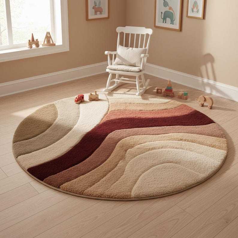 Round Sunset Wool Tufted Rug – Modern Boho Earth Tone Round Area Rug, Textured Hand-Tufted Circular Carpet for Living Room