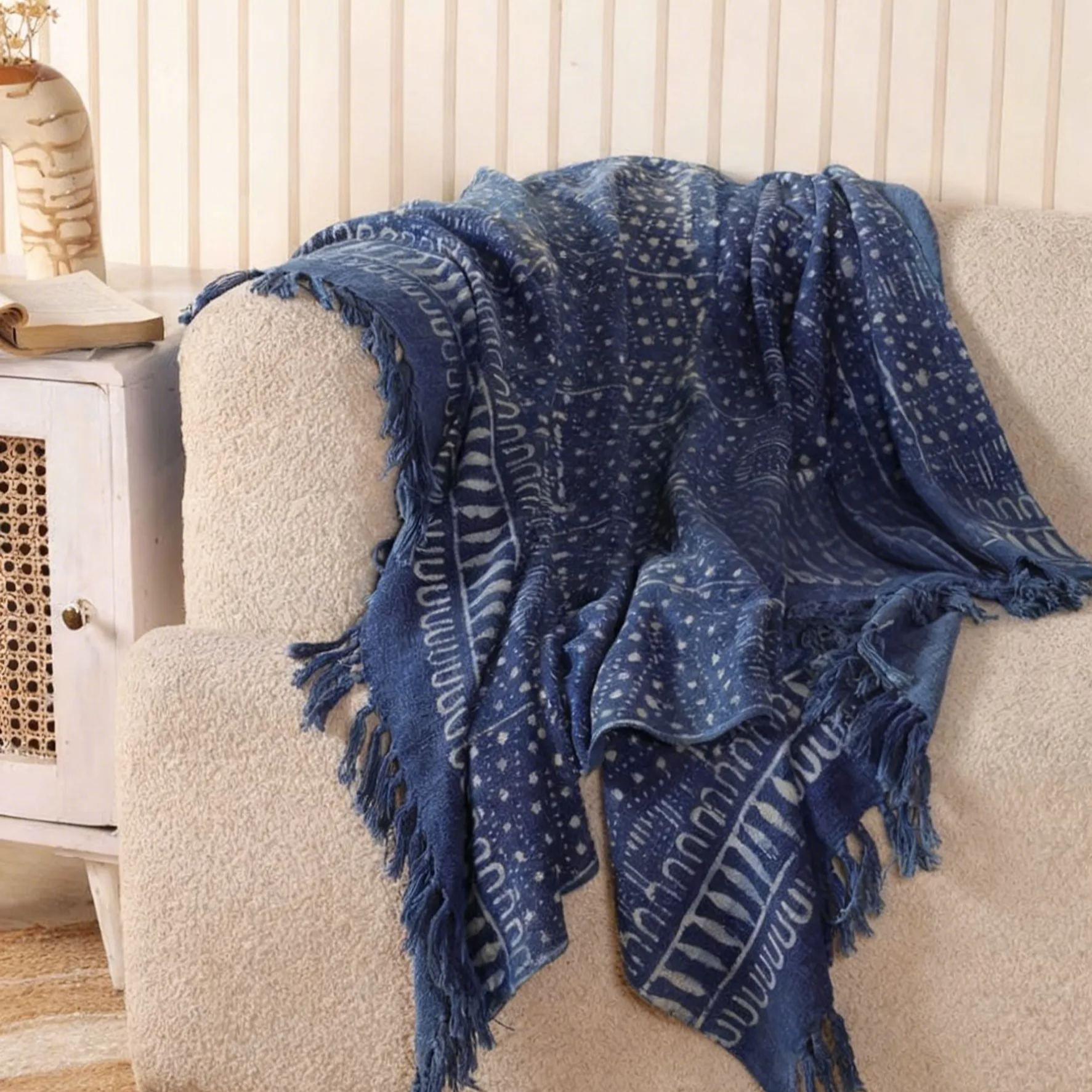 Indigo Blue Cotton Throw Blanket Block Printed Floral Boho Decor