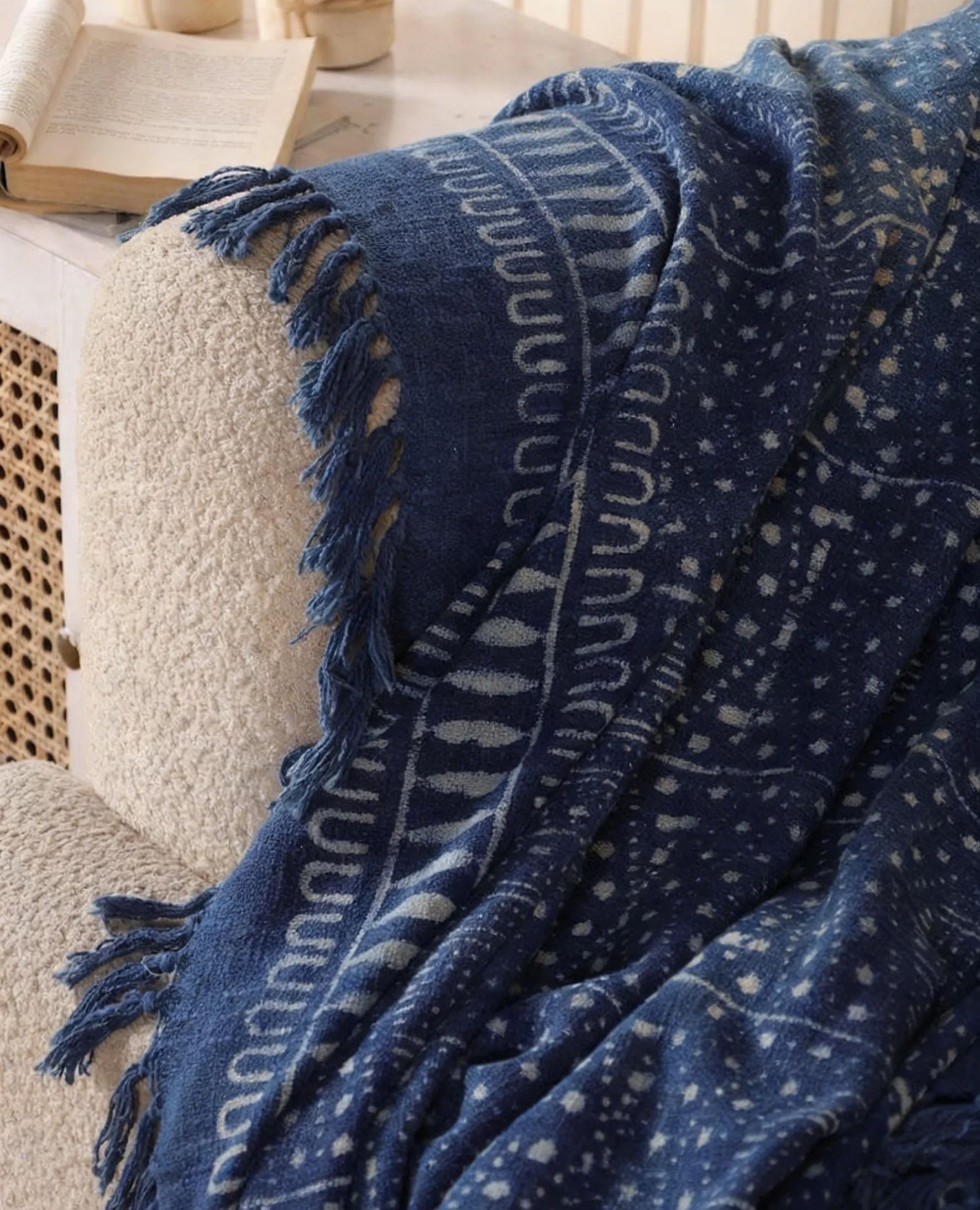Indigo Blue Cotton Throw Blanket Block Printed Floral Boho Decor