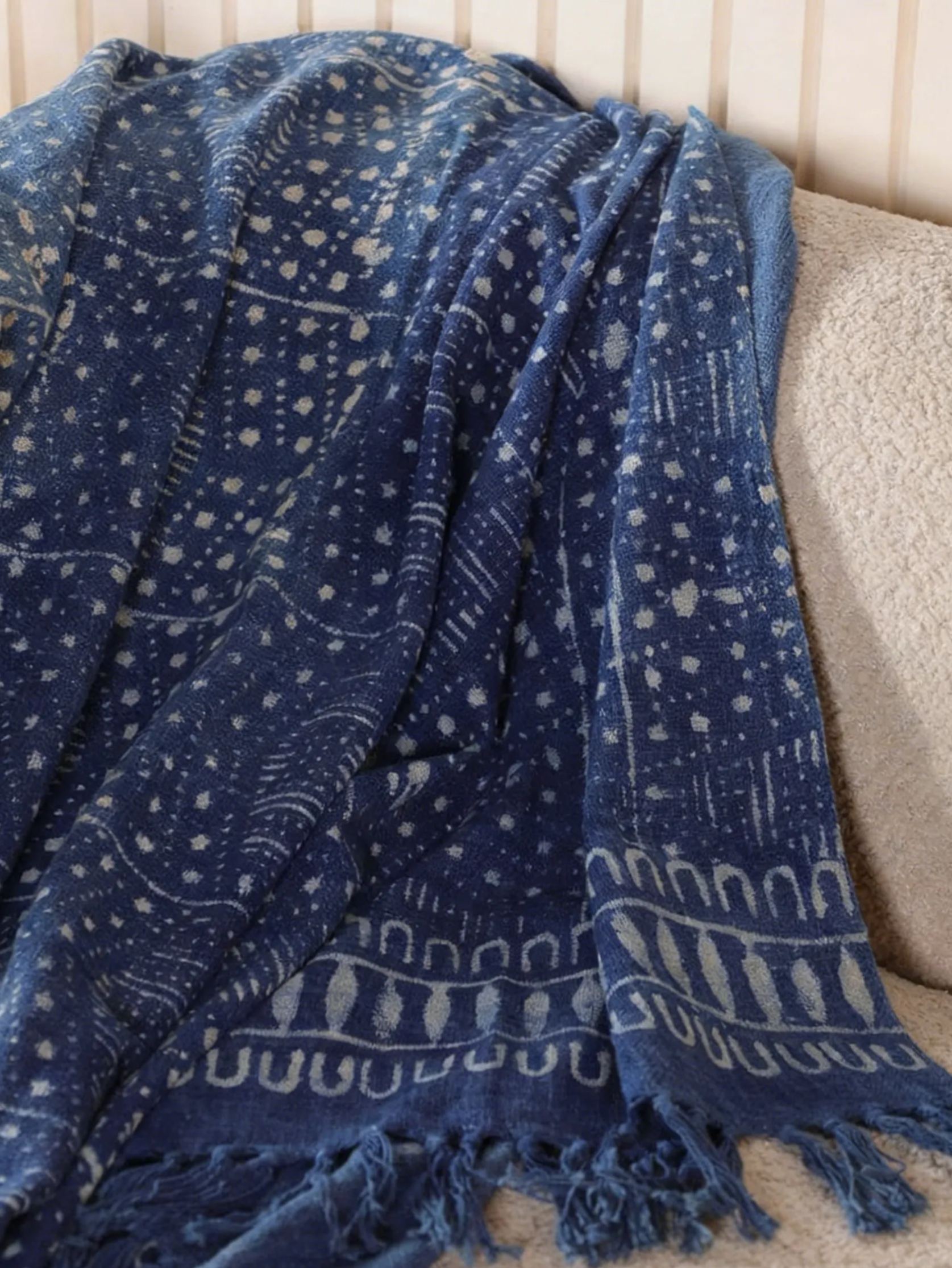 Indigo Blue Cotton Throw Blanket Block Printed Floral Boho Decor