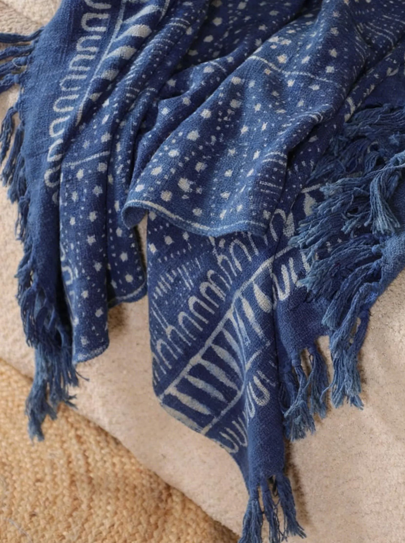 Indigo Blue Cotton Throw Blanket Block Printed Floral Boho Decor