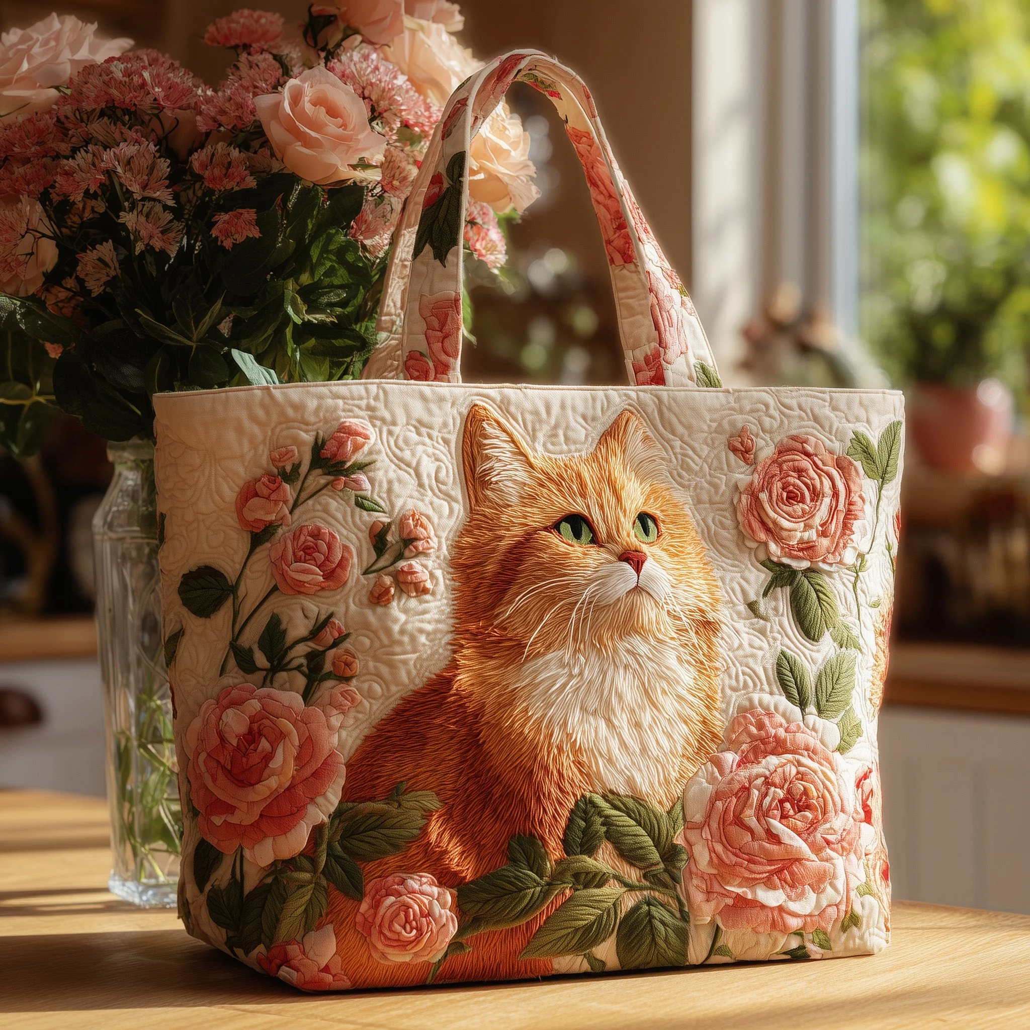 Cute Kittens and Flowers Quilted Tote Bag
