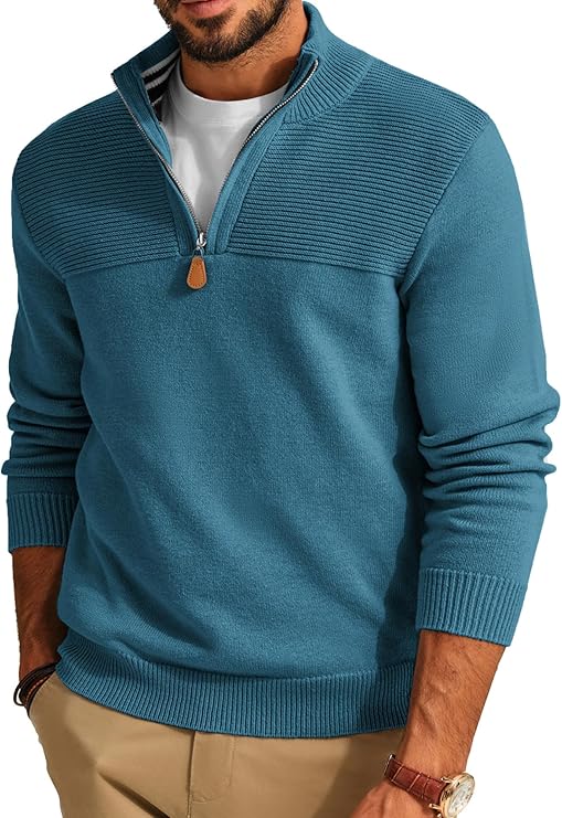 Men's quarter-zip slim-fit casual pullover sweater turtleneck polo shirt