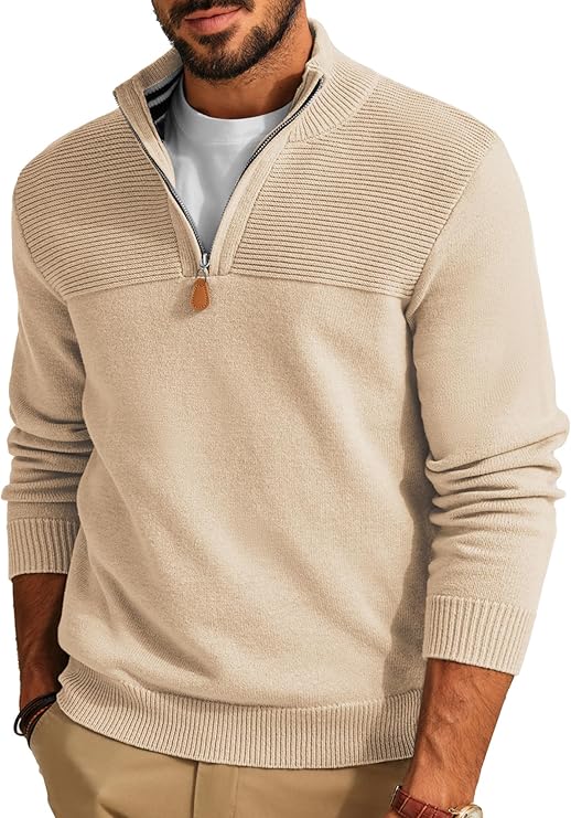 Men's quarter-zip slim-fit casual pullover sweater turtleneck polo shirt