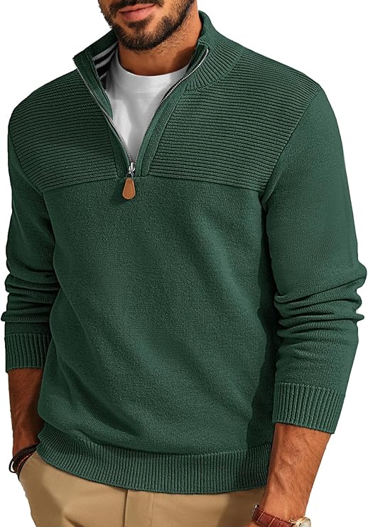 Men's quarter-zip slim-fit casual pullover sweater turtleneck polo shirt