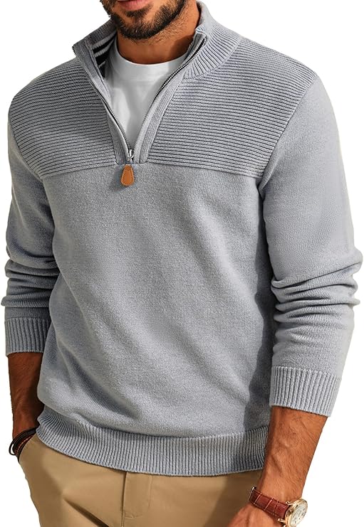 Men's quarter-zip slim-fit casual pullover sweater turtleneck polo shirt