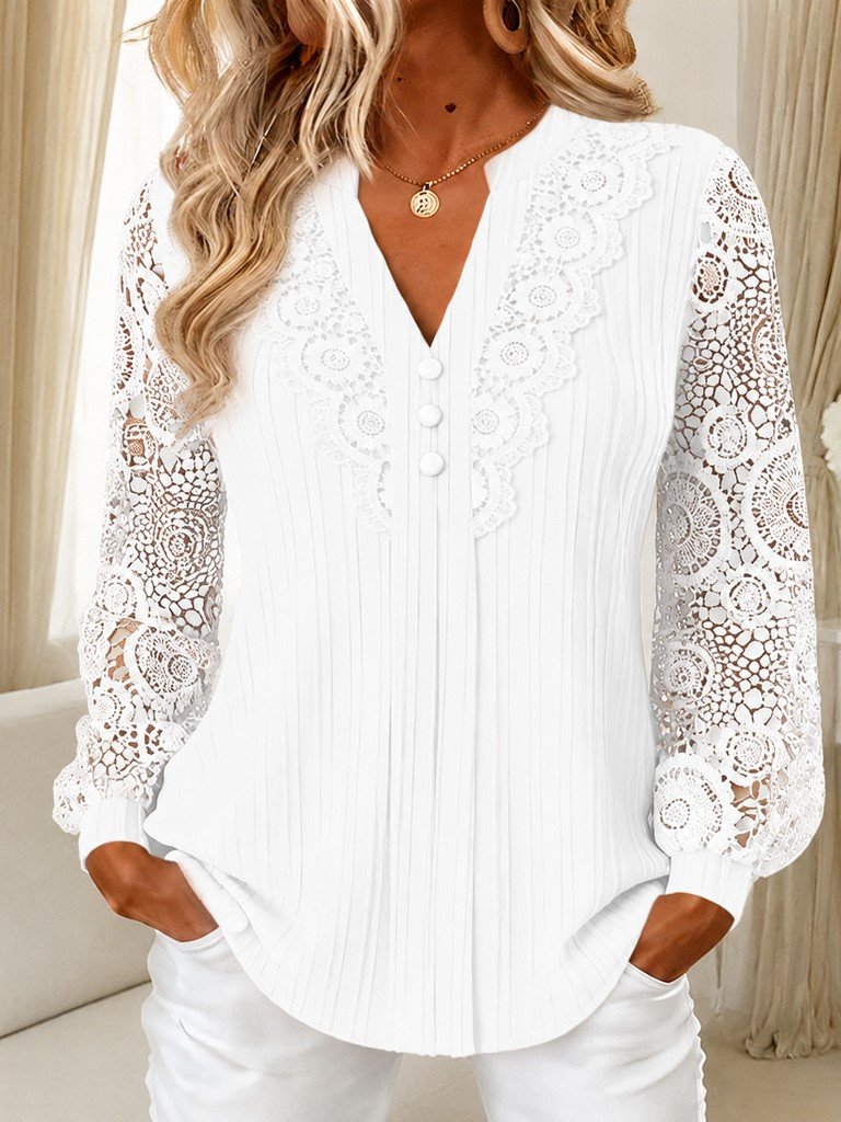 Women's Elegant Lace Sleeve V-Neck Pleated Blouse