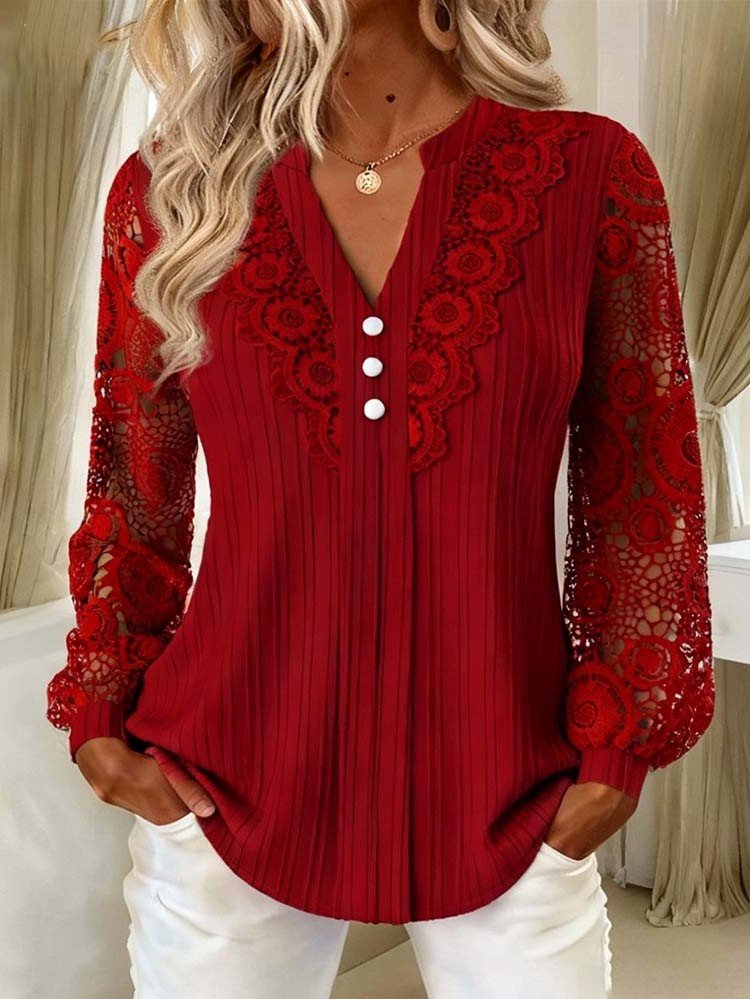 Women's Elegant Lace Sleeve V-Neck Pleated Blouse