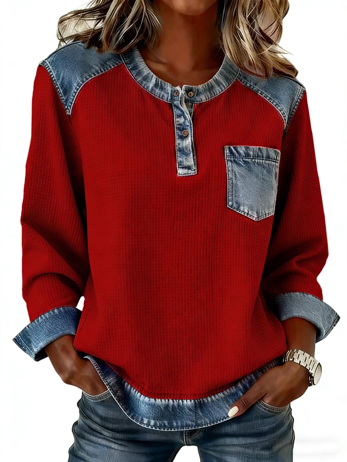 [S-5XL]Women's color-blocked denim pullover