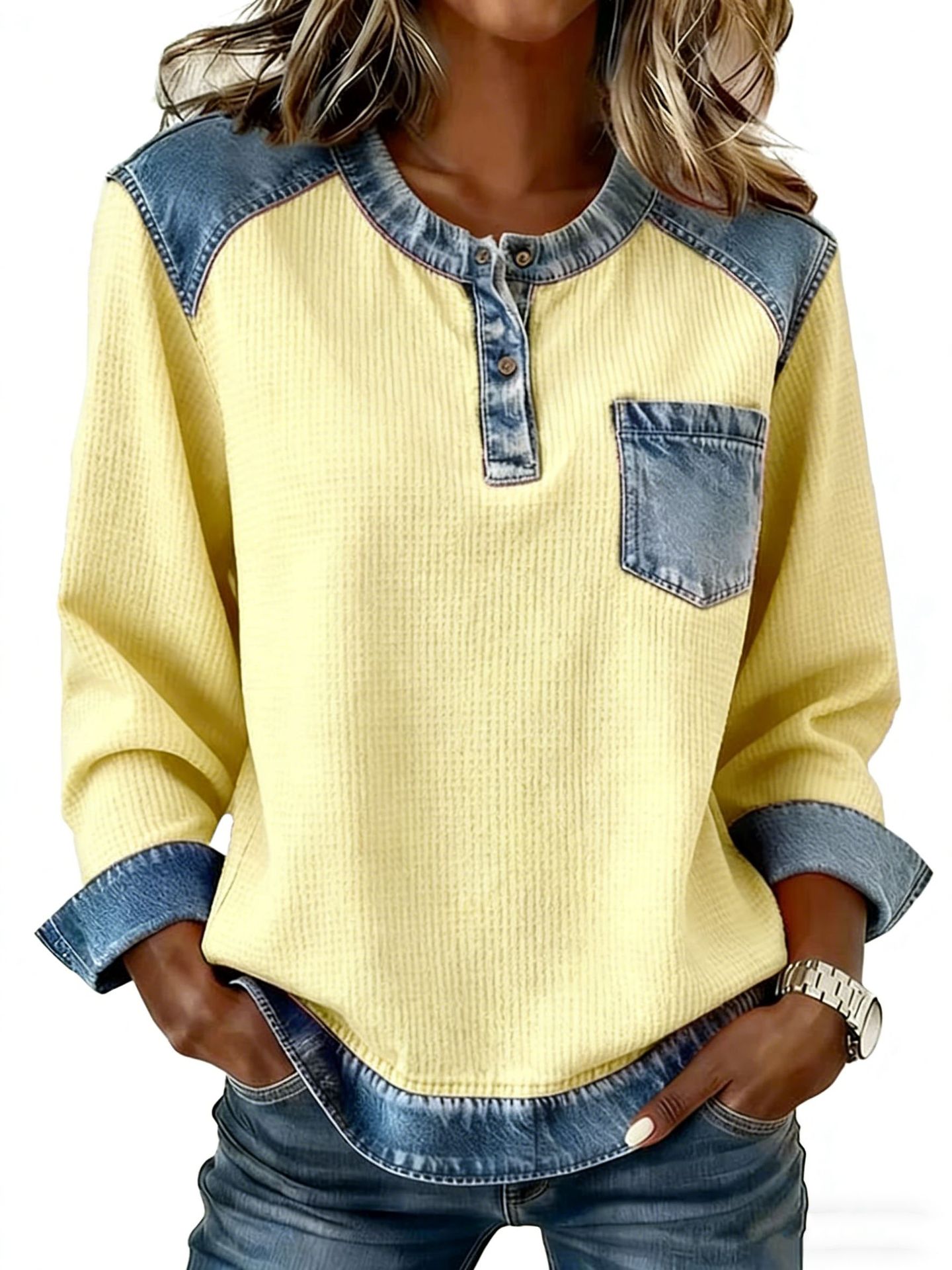 [S-5XL]Women's color-blocked denim pullover
