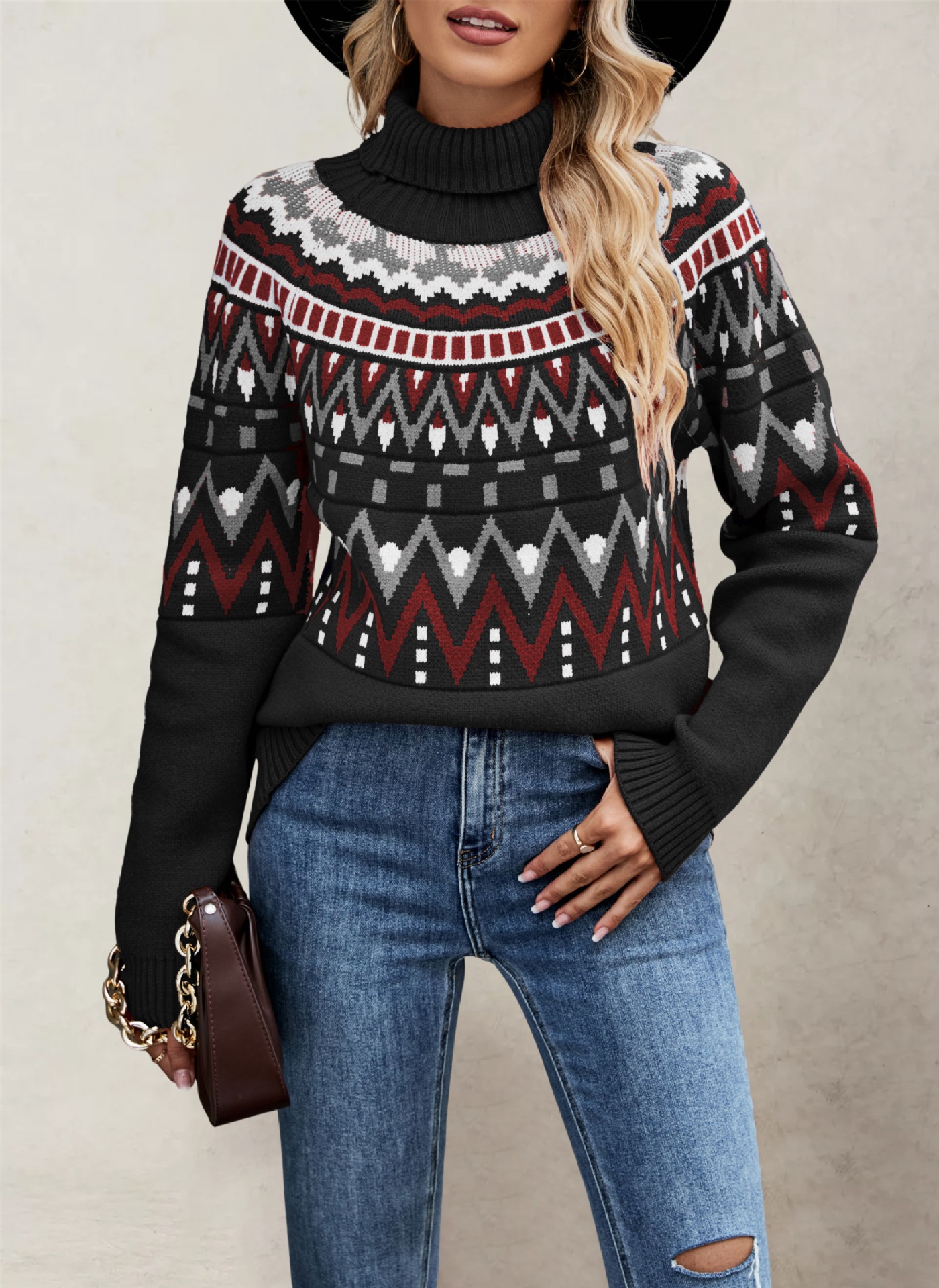 Retro striped color-blocked turtleneck loose knit sweater