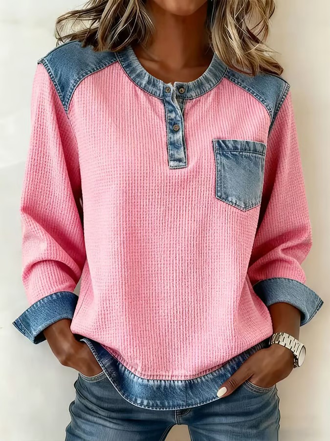 [S-5XL]Women's color-blocked denim pullover