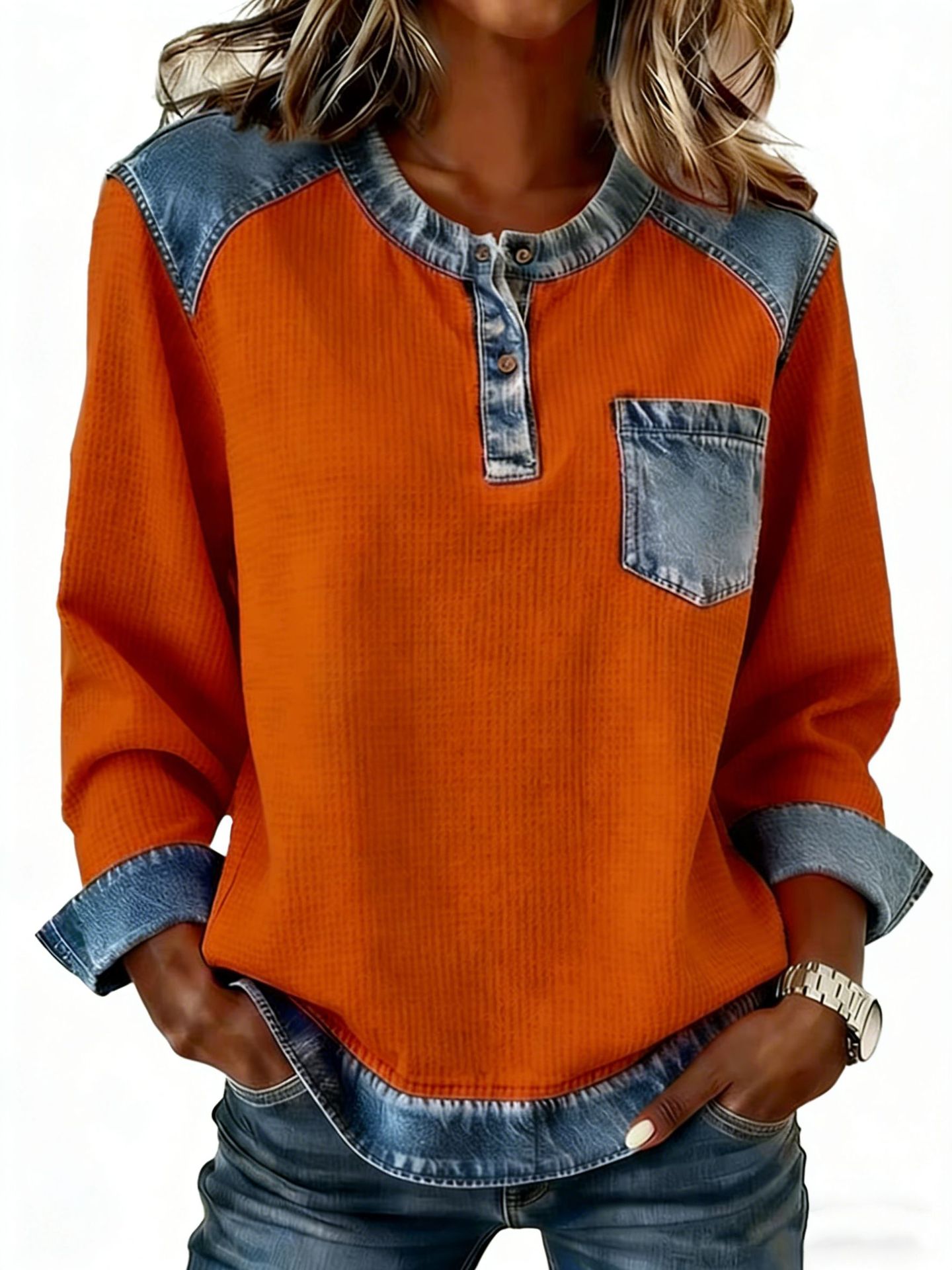 [S-5XL]Women's color-blocked denim pullover