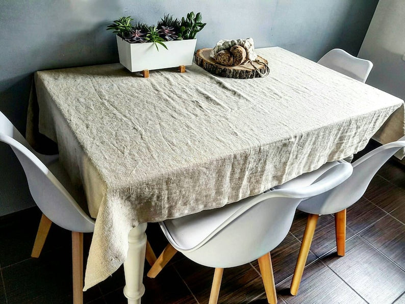 Raw linen tablecloth, vintage looking linen tablecloth, stonewashed farmhouse heavy weight rustic coarse texture linen fabric tablecloth