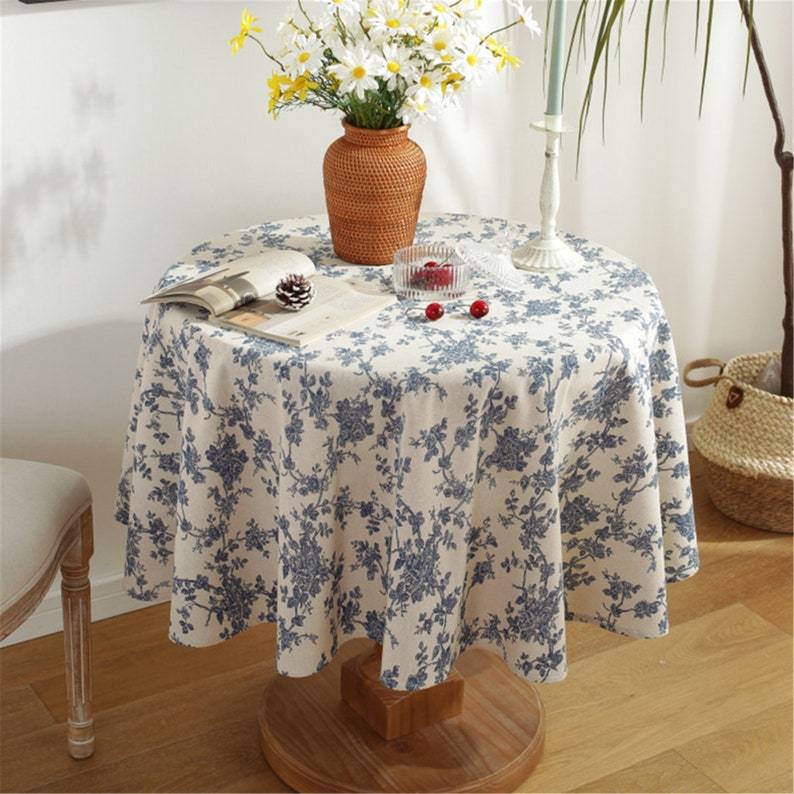 Round Navy Blue Floral Tablecloth: Bohemia Linen Fabric, Vintage Style