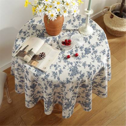 Round Navy Blue Floral Tablecloth: Bohemia Linen Fabric, Vintage Style