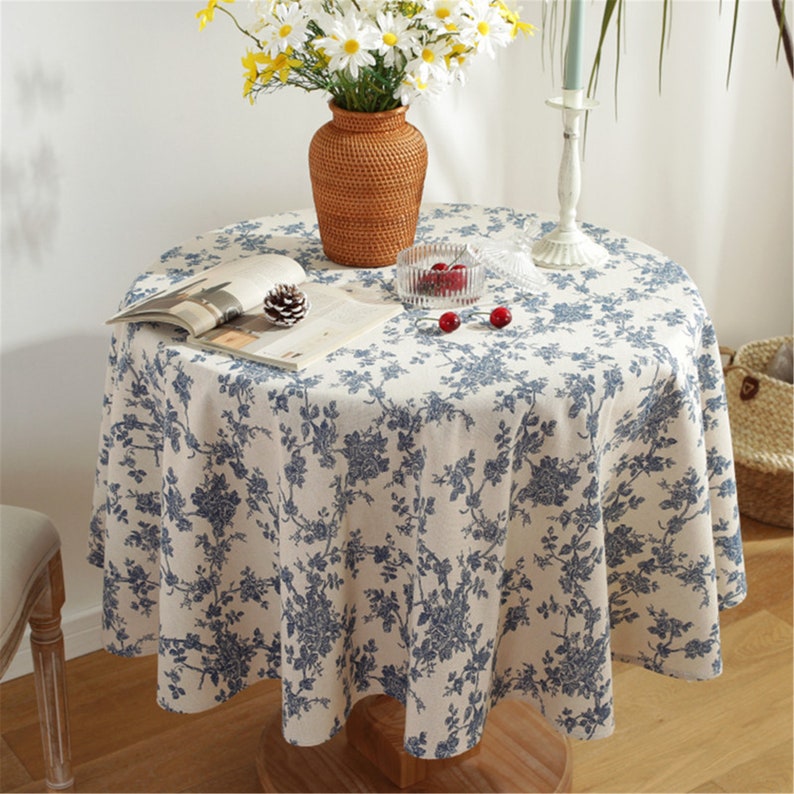 Round Navy Blue Floral Tablecloth: Bohemia Linen Fabric, Vintage Style