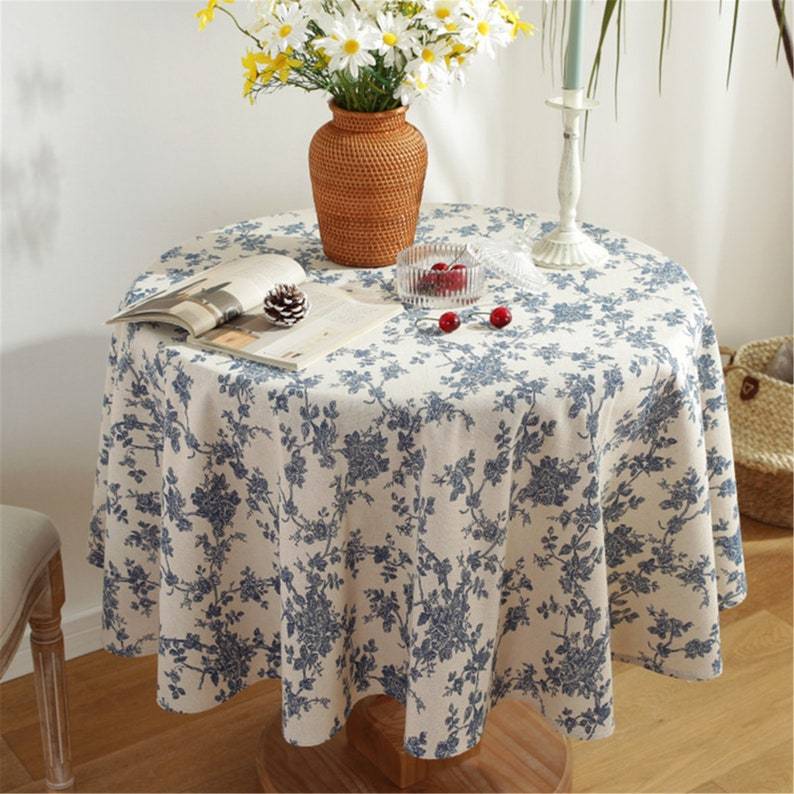 Round Navy Blue Floral Tablecloth: Bohemia Linen Fabric, Vintage Style