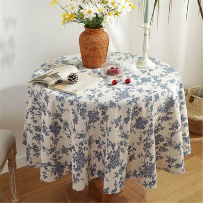 Round Navy Blue Floral Tablecloth: Bohemia Linen Fabric, Vintage Style