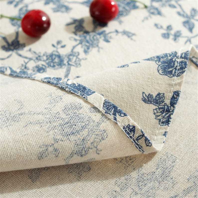 Round Navy Blue Floral Tablecloth: Bohemia Linen Fabric, Vintage Style