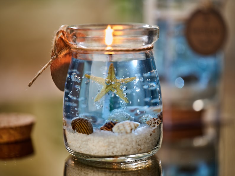 Luxury Handmade Beach Wedding SeaShell Candle Favors, Ocean Theme Blue Purple Pink Gel Candle in Transparent Box , Bridal Shower Favors