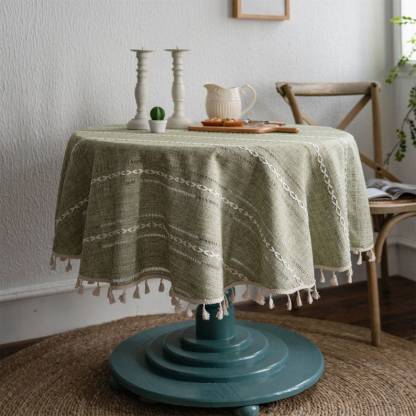 Round Linen Tablecloth: Bohemia Twist Stripes with Tassels