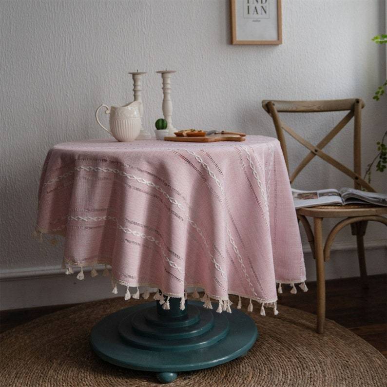 Round Linen Tablecloth: Bohemia Twist Stripes with Tassels