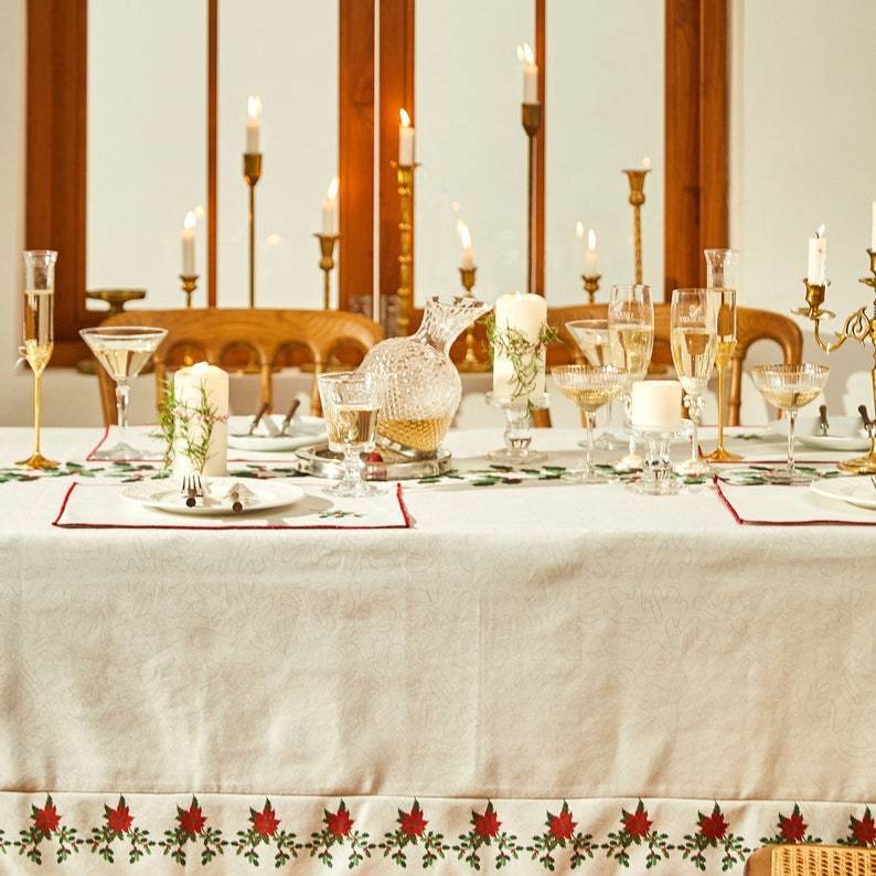 Holly Berry Christmas Tablecloth, Custom Size Terylene Blend, Festive Red Green Holiday Decor