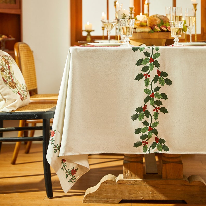 Holly Berry Christmas Tablecloth, Custom Size Terylene Blend, Festive Red Green Holiday Decor