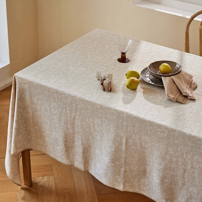 Floral Jacquard Tablecloth: Cotton Linen, Minimalist Art Design