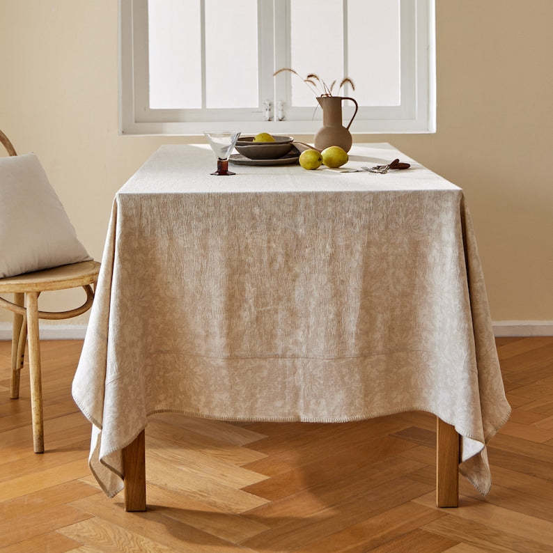 Floral Jacquard Tablecloth: Cotton Linen, Minimalist Art Design