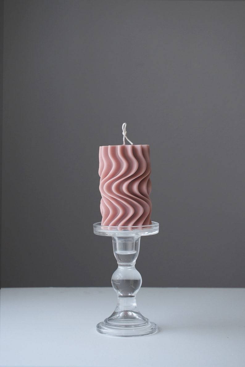 Waves Sculptured Beeswax Pillar Candle, Custom Scent, Handmade