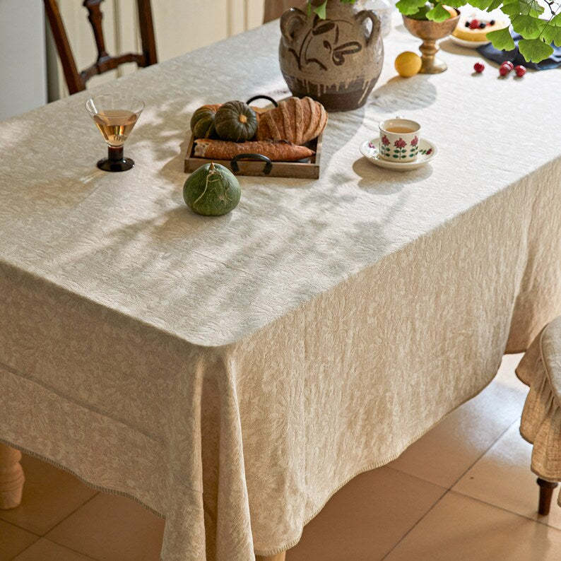 Floral Jacquard Tablecloth: Cotton Linen, Minimalist Art Design