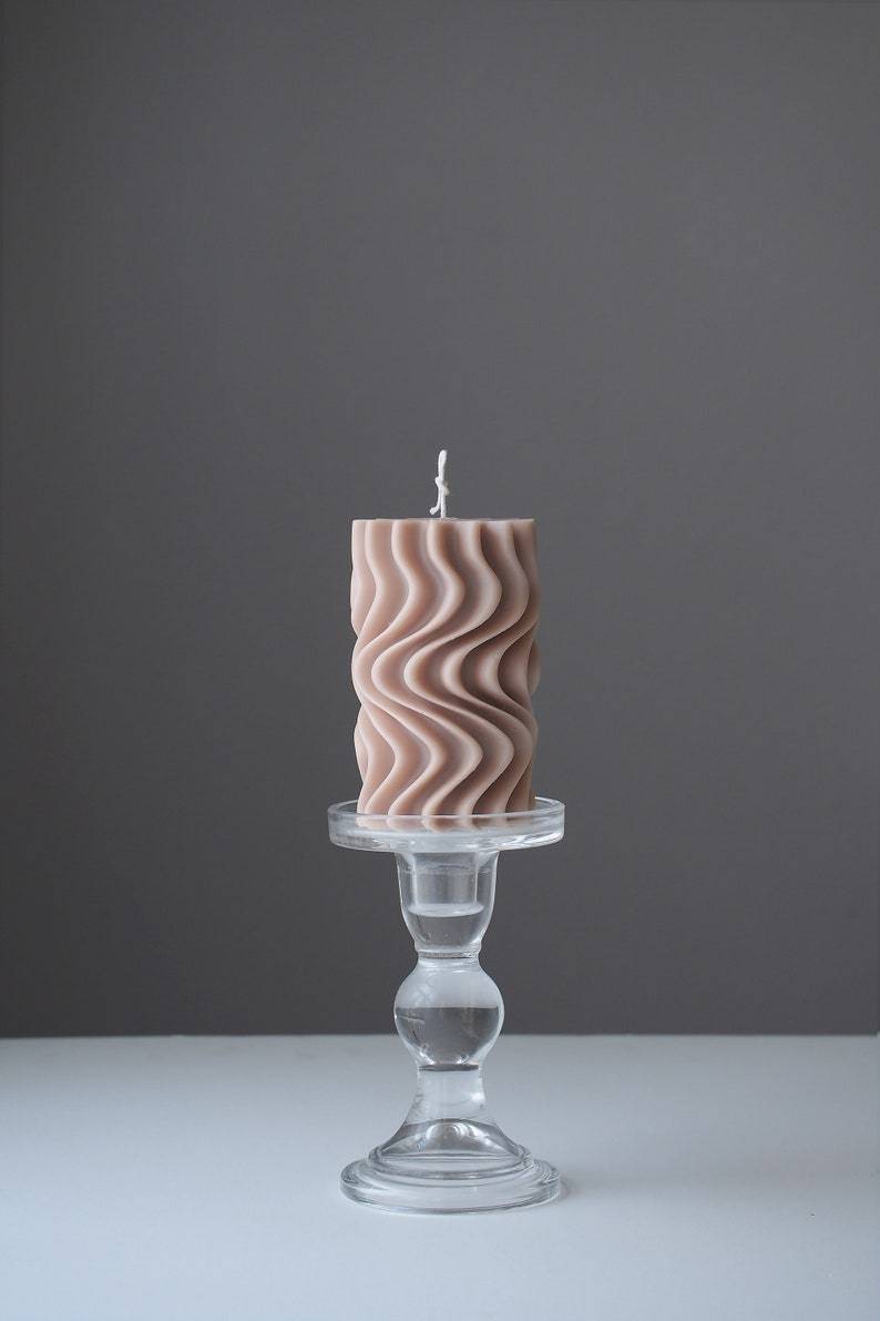 Waves Sculptured Beeswax Pillar Candle, Custom Scent, Handmade