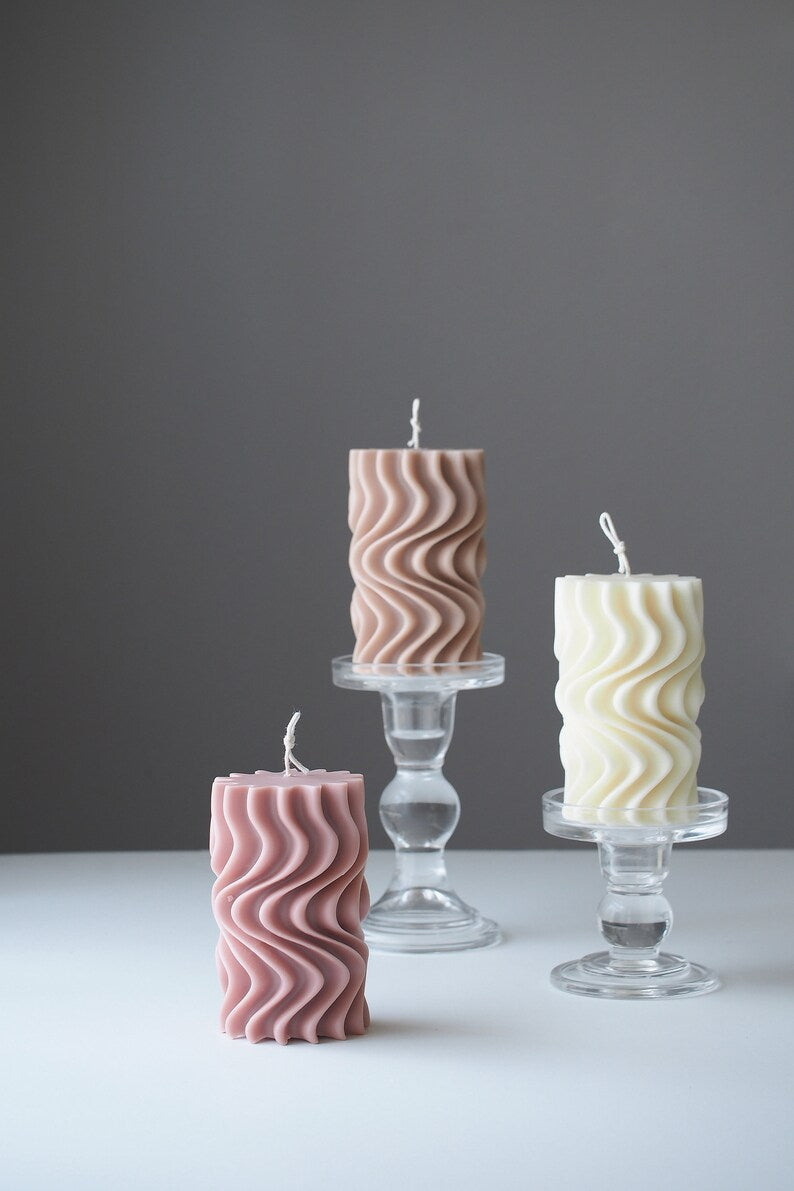 Waves Sculptured Beeswax Pillar Candle, Custom Scent, Handmade