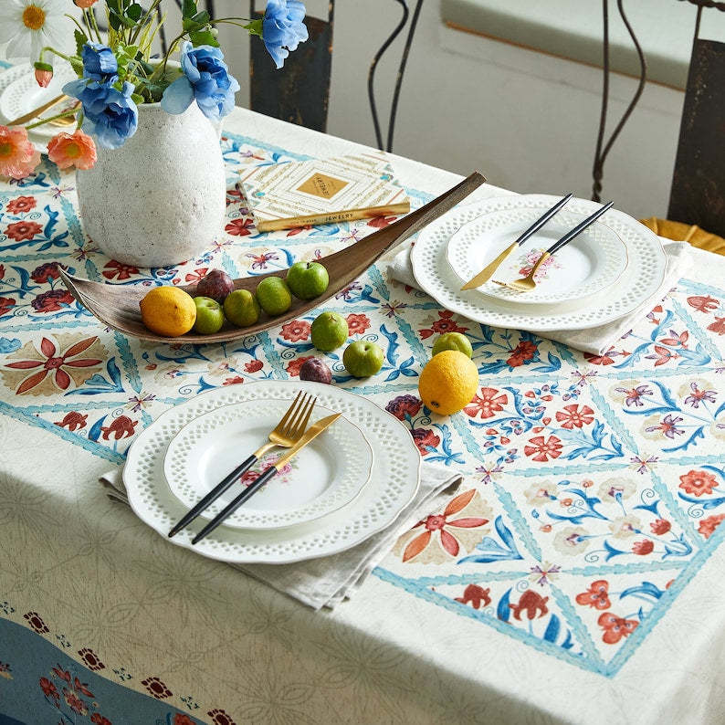 Floral Linen Tablecloth, French Country Retro Style, Custom Waterproof