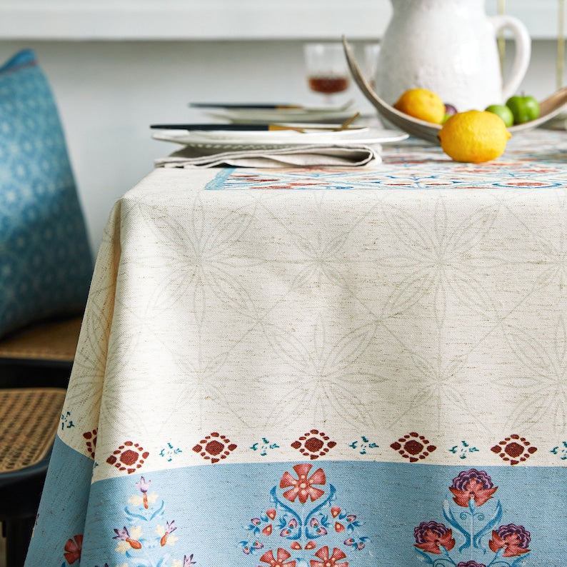 Floral Linen Tablecloth, French Country Retro Style, Custom Waterproof