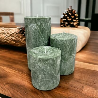 Unscented Palm Wax Pillar Candle, Sage Green / Silver Textured Pattern