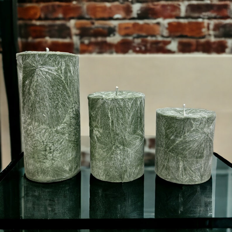 Unscented Palm Wax Pillar Candle, Sage Green / Silver Textured Pattern