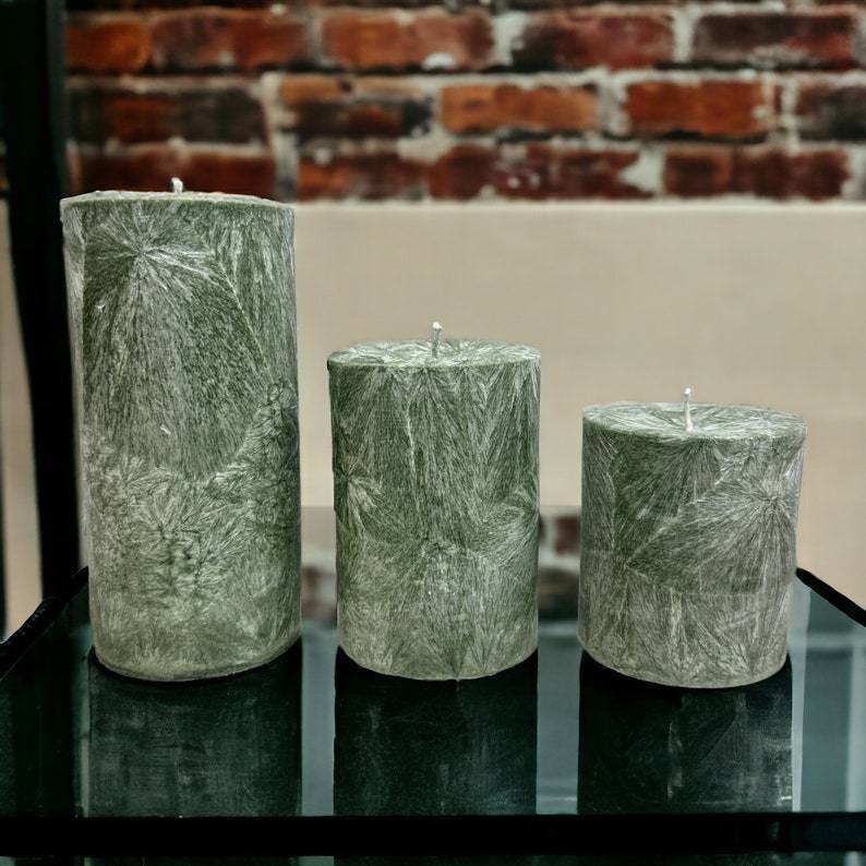Unscented Palm Wax Pillar Candle, Sage Green / Silver Textured Pattern