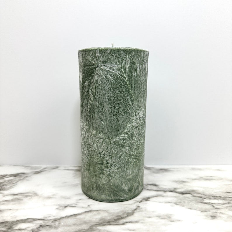 Unscented Palm Wax Pillar Candle, Sage Green / Silver Textured Pattern