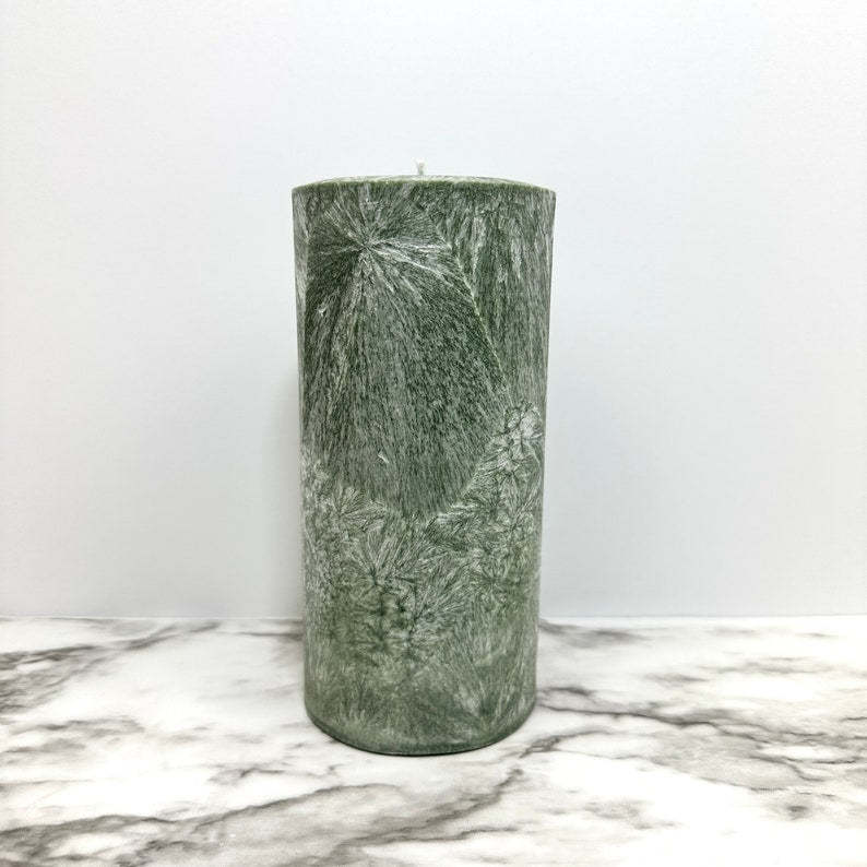 Unscented Palm Wax Pillar Candle, Sage Green / Silver Textured Pattern