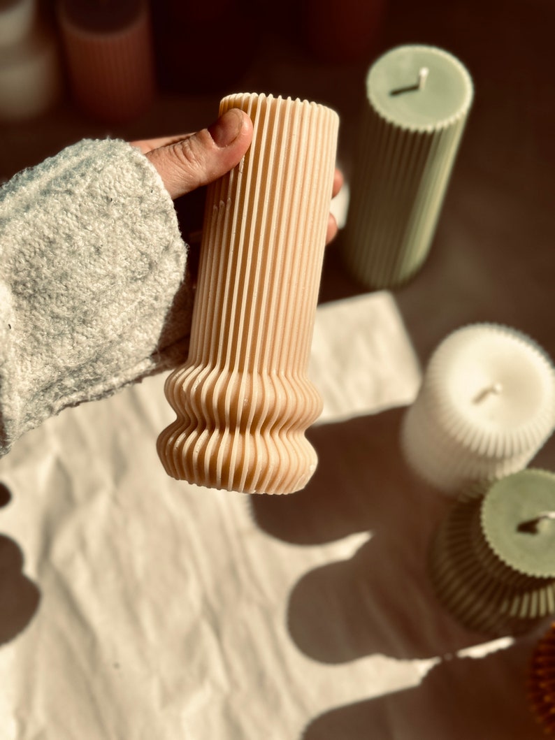 Handmade Ribbed Soy Pillar Candle: Minimalist Home Decor