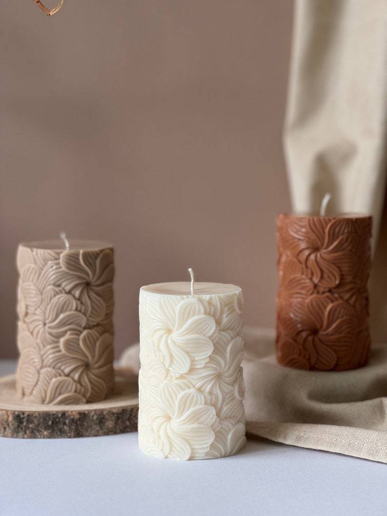 Floral Pattern Pillar Candle: Soy Wax Home Decor