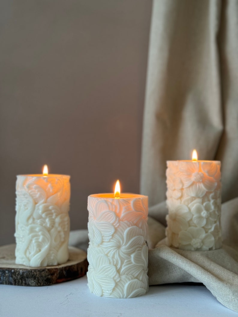 Floral Pattern Pillar Candle: Soy Wax Home Decor