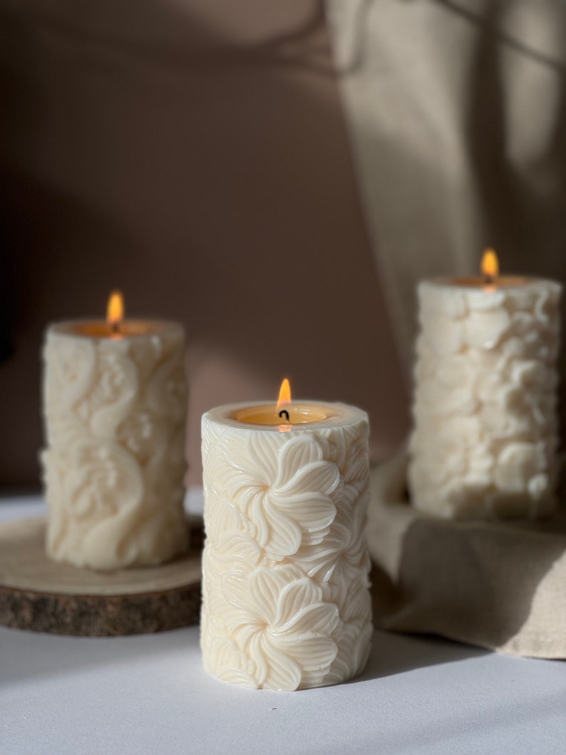 Floral Pattern Pillar Candle: Soy Wax Home Decor