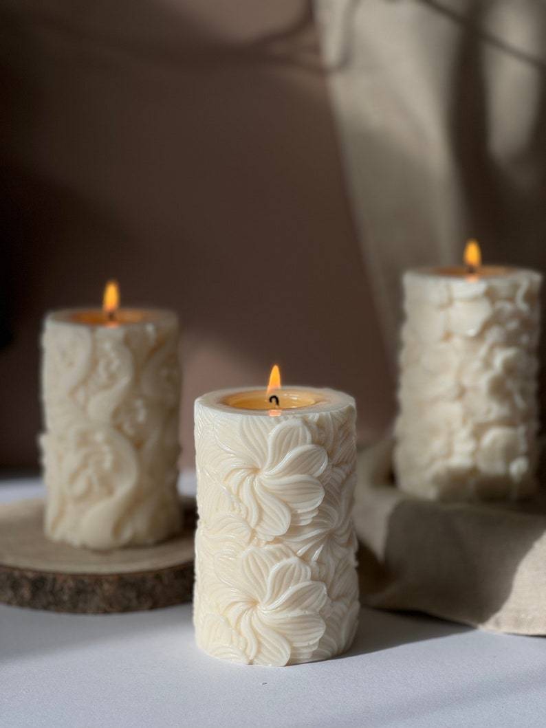 Floral Pattern Pillar Candle: Soy Wax Home Decor